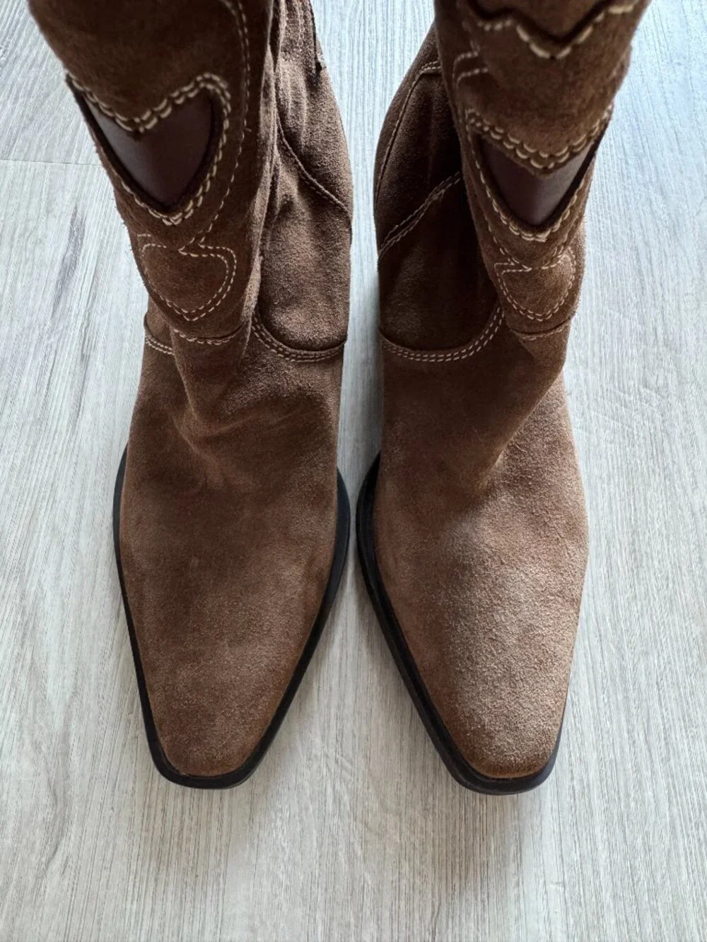 ZARA Suede Embroidered Cowboy Boots | Heart Cutout | Whipstitch | Brown | NWT |